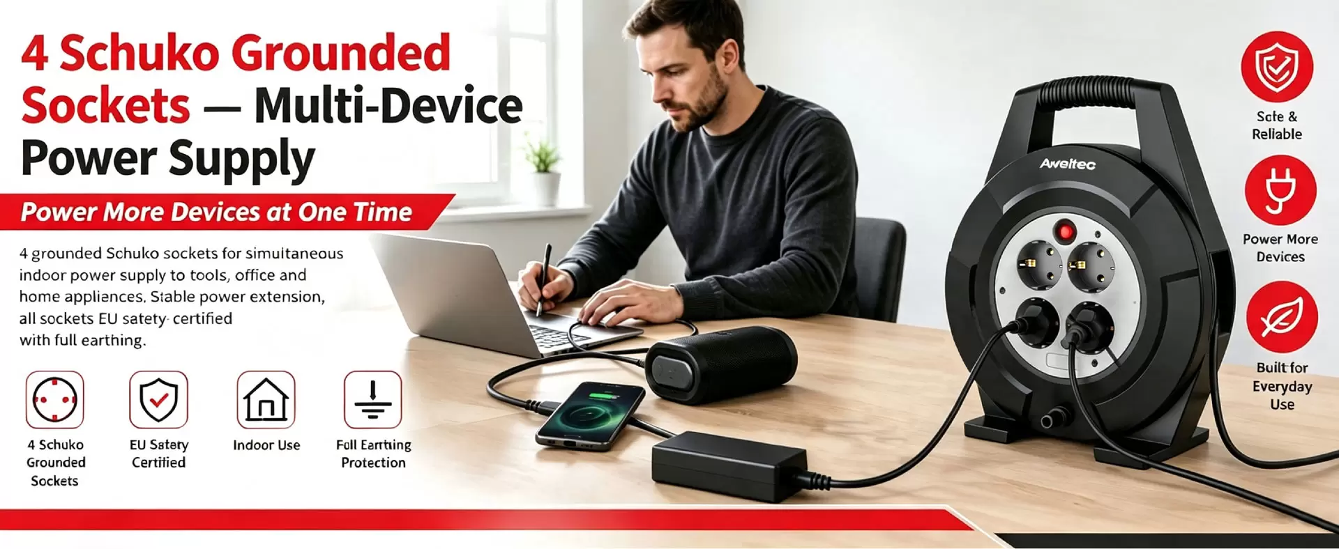 Avvolgicavo Aweltec a 4 prese da 10 m/15 m