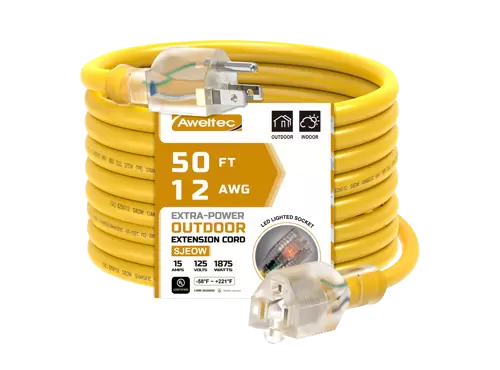 Aweltec 50 FT 12 AWG Prolunga per esterni, Presa illuminata a LED da 1875 W, Certificazione UL