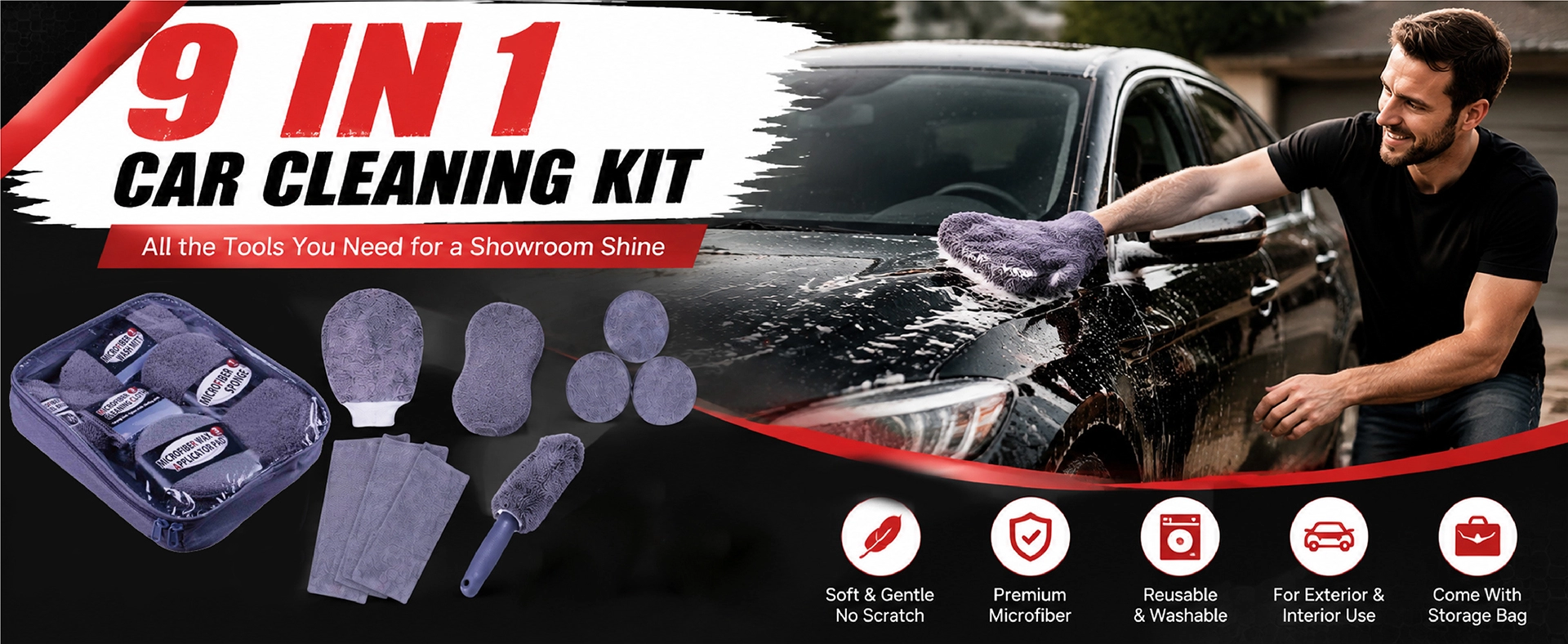 Kit per la cura dell'auto ALLROAD da 9 pezzi, spazzola per ruote con guanto in microfibra e 3 tamponi di cera