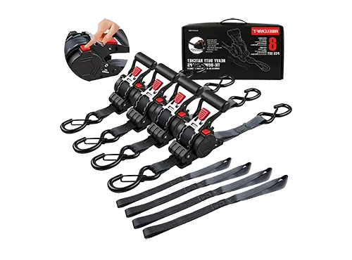 Cinghie a cricchetto retrattili automatiche, confezione da 4, 1,5 x 10', resistenza alla rottura di 3.000 libbre, con anelli morbidi, resistenti.